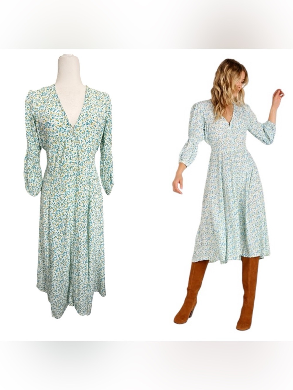 Faithfull The Brand Maud Midi Dress Tilde Floral Print Blue White Rayon Size 6 M